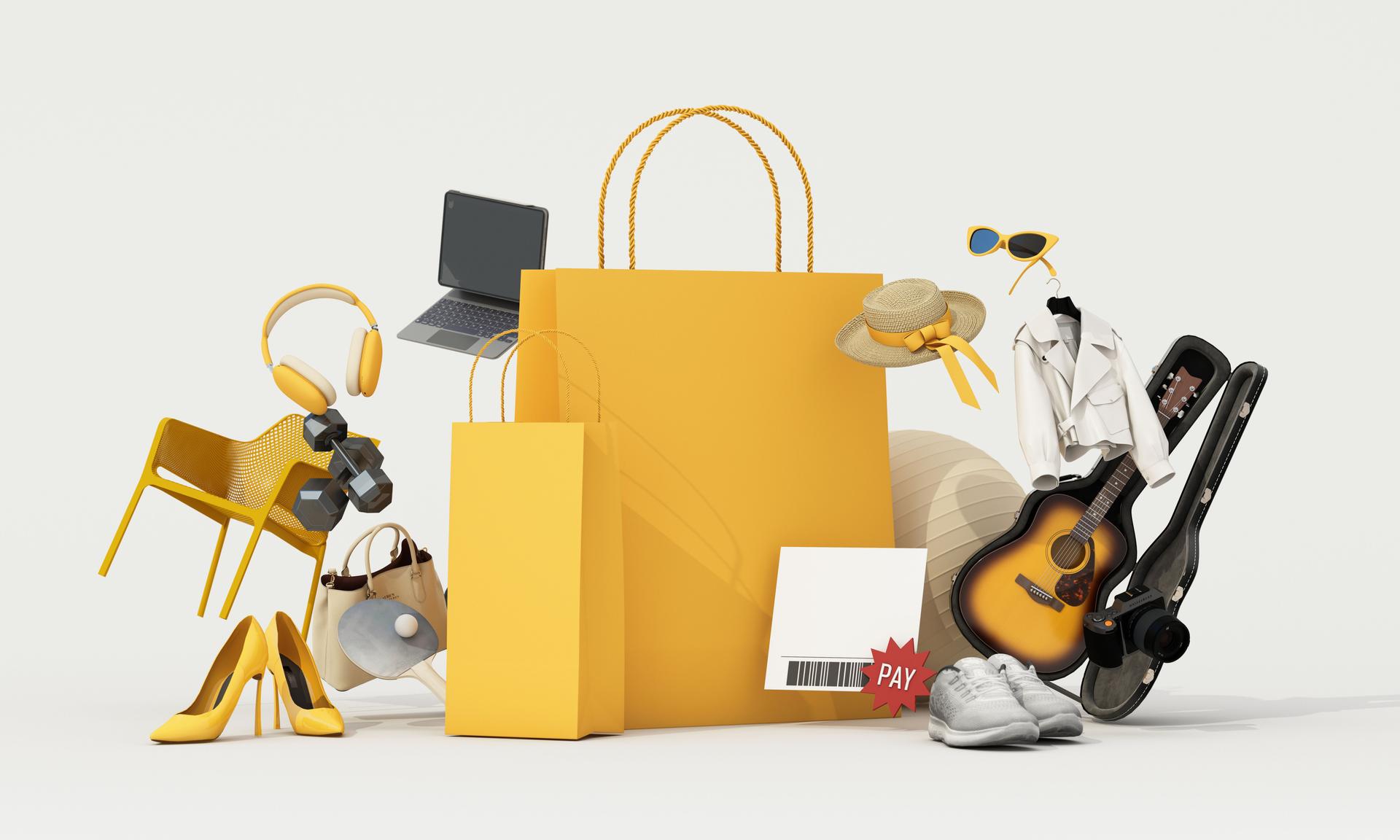 Paper shopping bags with fashion and tech items for online purchase and payment themes. Minimal modern 3d rendering.